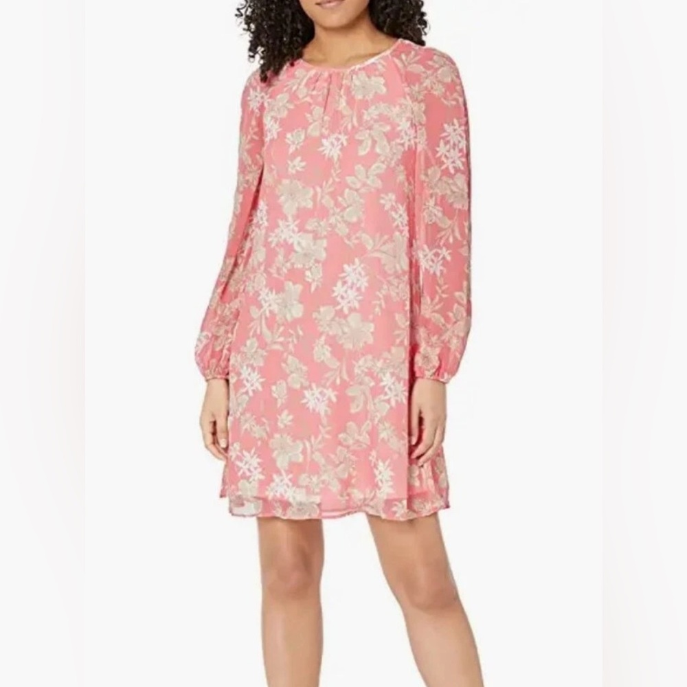 Tommy Hilfiger Floral LS Dress 14 Pink Feminine Chiffon Trapeze Wedding